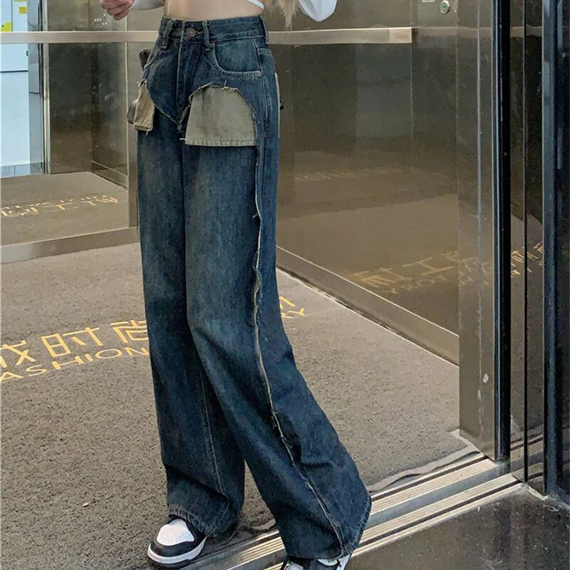 MEXZT Amerikai Retro Farmer Női Patchwork Distressed Farmer nadrág Bf Koreai Streetwear Magas derekú Széles Lábas Egyenes nadrág