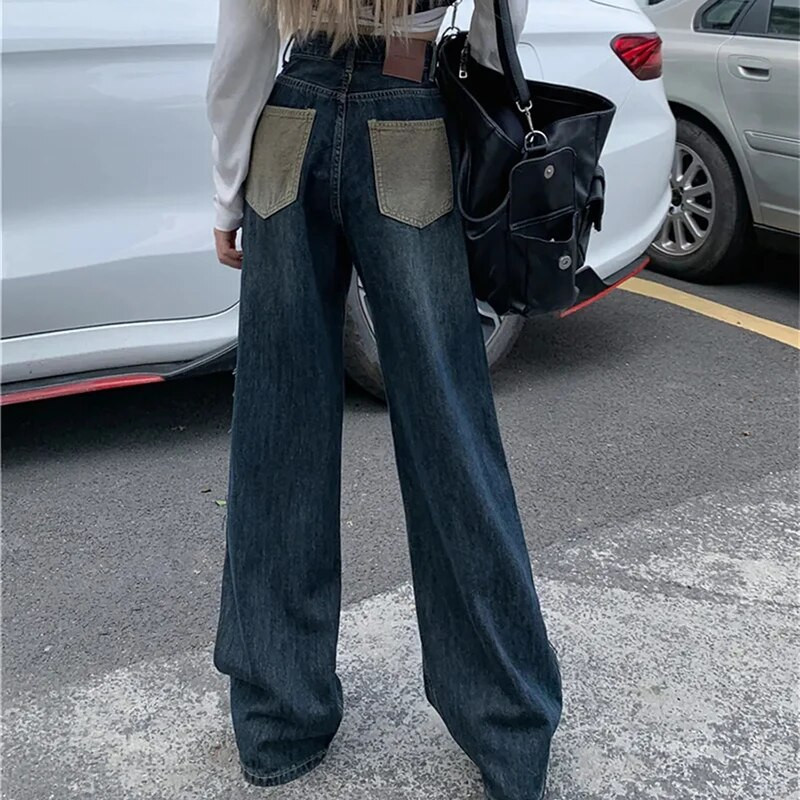 MEXZT Amerikai Retro Farmer Női Patchwork Distressed Farmer nadrág Bf Koreai Streetwear Magas derekú Széles Lábas Egyenes nadrág