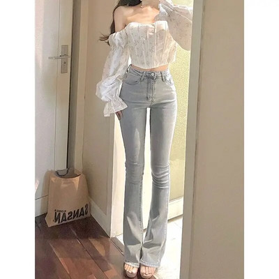 Flare τζιν Γυναικεία Ανοιξιάτικα αμερικάνικα κοκαλιάρικα ψηλόμεσα σέξι όλα ταίριασμα streetwear μόδας Λευκά Vintage μοντέρνα παντελόνια Harajuku