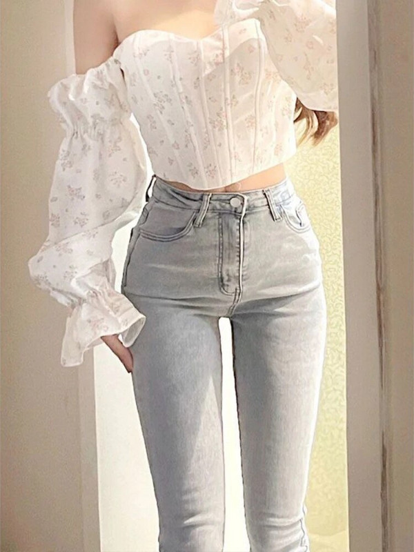 Flare τζιν Γυναικεία Ανοιξιάτικα αμερικάνικα κοκαλιάρικα ψηλόμεσα σέξι όλα ταίριασμα streetwear μόδας Λευκά Vintage μοντέρνα παντελόνια Harajuku