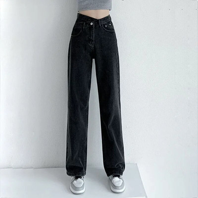 Yitimoky Jeans Ženske modne 2022. Hlače širokih nogavica s nepravilnim križnim strukom Mom Femme Black Blue Jeans Ženske hlače visokog struka Y2k