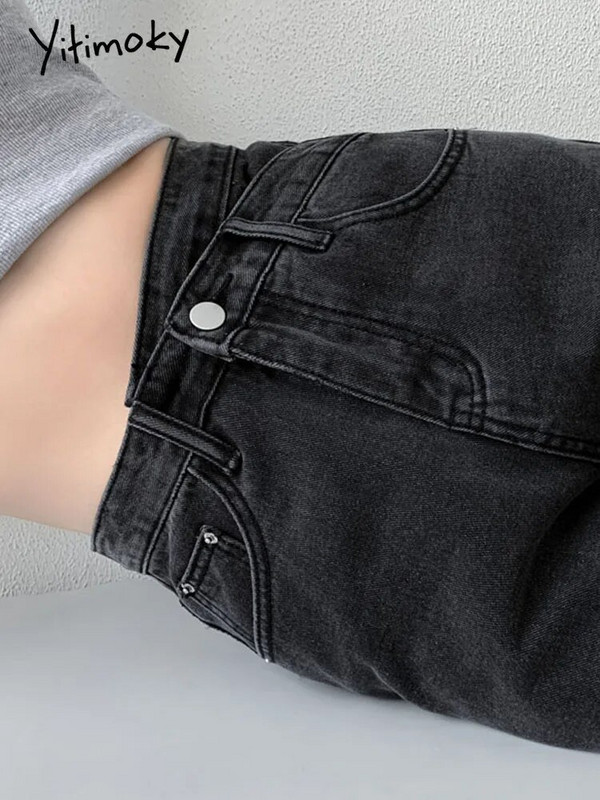 Yitimoky Jeans Ženske modne 2022. Hlače širokih nogavica s nepravilnim križnim strukom Mom Femme Black Blue Jeans Ženske hlače visokog struka Y2k