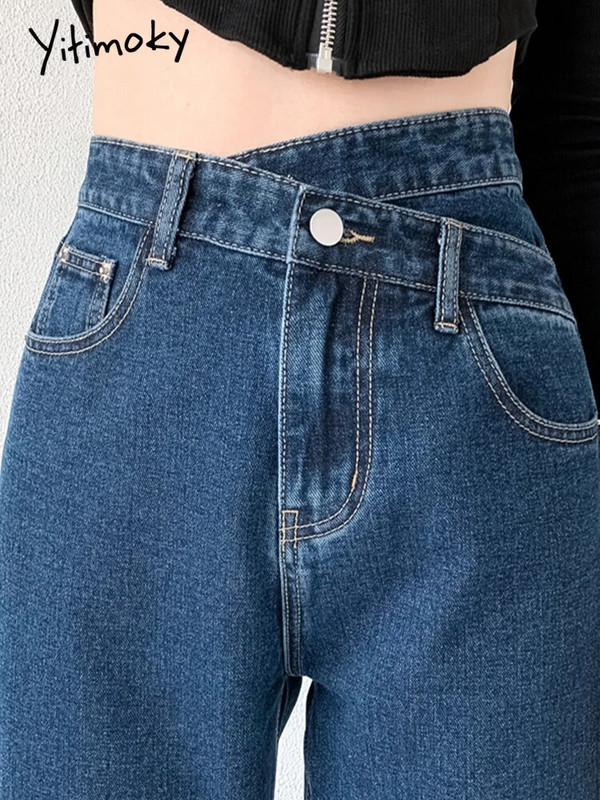 Yitimoky Jeans Ženske modne 2022. Hlače širokih nogavica s nepravilnim križnim strukom Mom Femme Black Blue Jeans Ženske hlače visokog struka Y2k