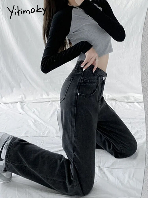 Yitimoky Jeans Ženske modne 2022. Hlače širokih nogavica s nepravilnim križnim strukom Mom Femme Black Blue Jeans Ženske hlače visokog struka Y2k