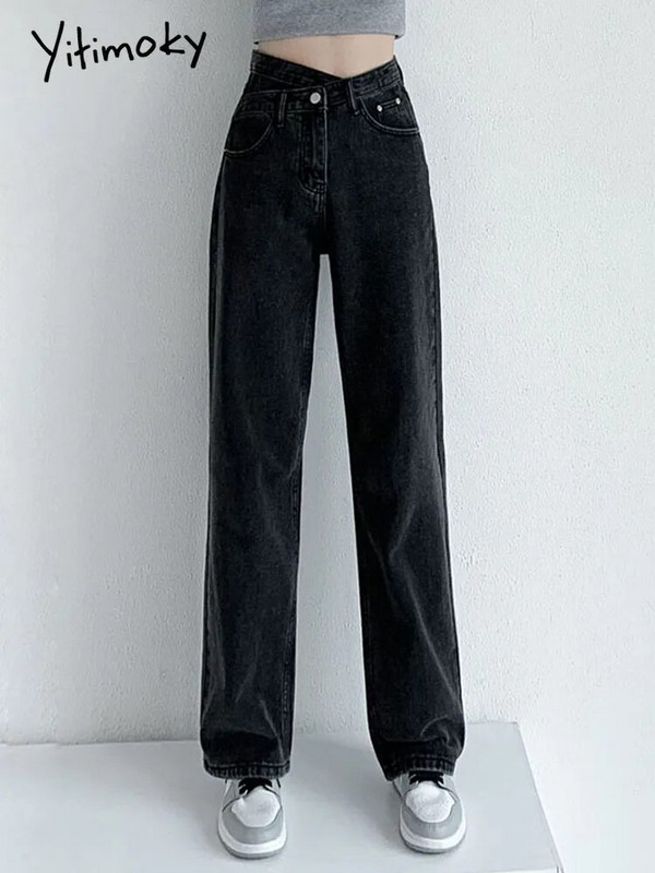Yitimoky Jeans Ženske modne 2022. Hlače širokih nogavica s nepravilnim križnim strukom Mom Femme Black Blue Jeans Ženske hlače visokog struka Y2k