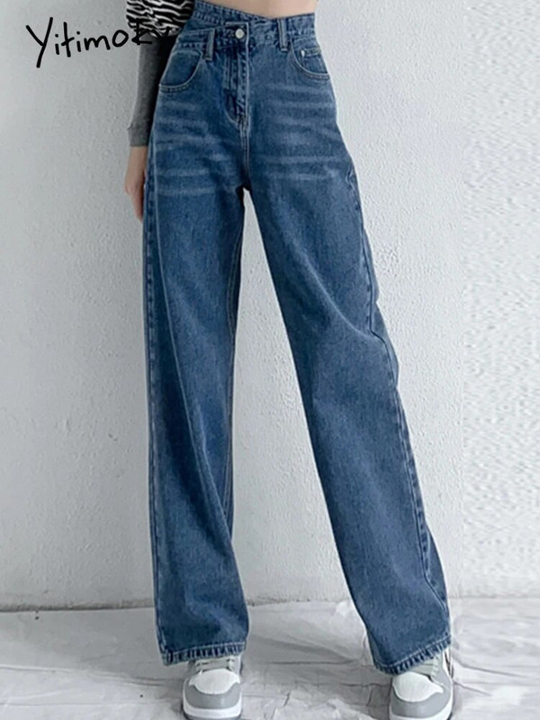 Yitimoky Jeans Ženske modne 2022. Hlače širokih nogavica s nepravilnim križnim strukom Mom Femme Black Blue Jeans Ženske hlače visokog struka Y2k