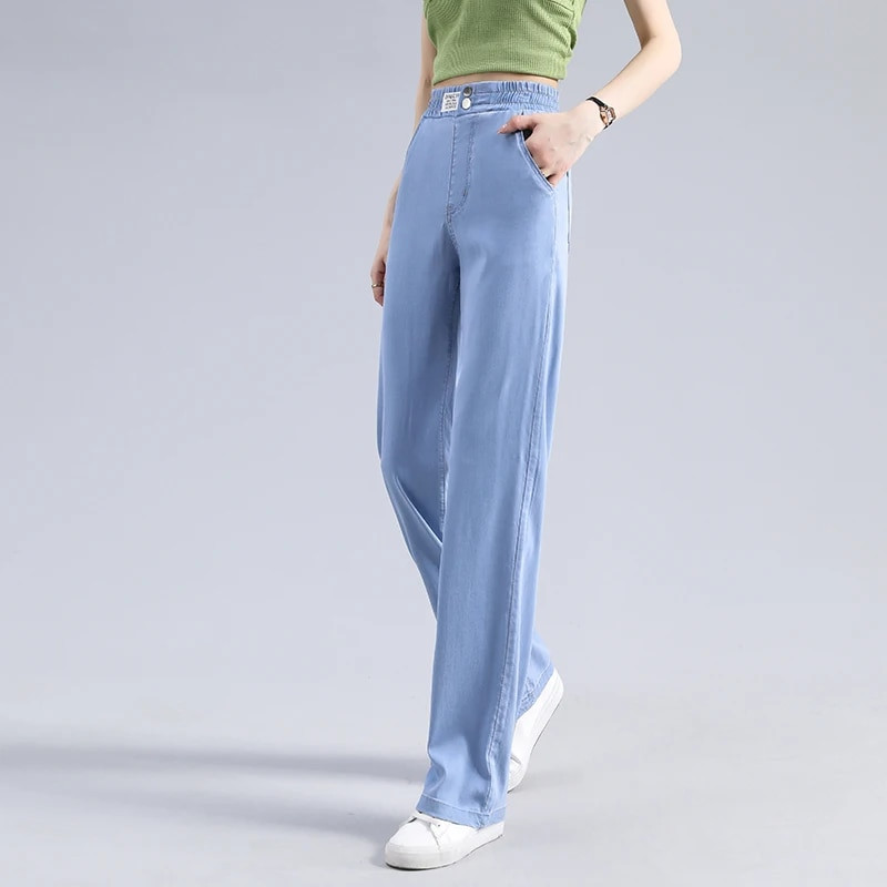 Ljetne mekane tkanine od liocela Ženske traperice visokog struka Tanke široke ravne Femme elastične hlače u struku Y2k Ležerne hlače Ulične hlače