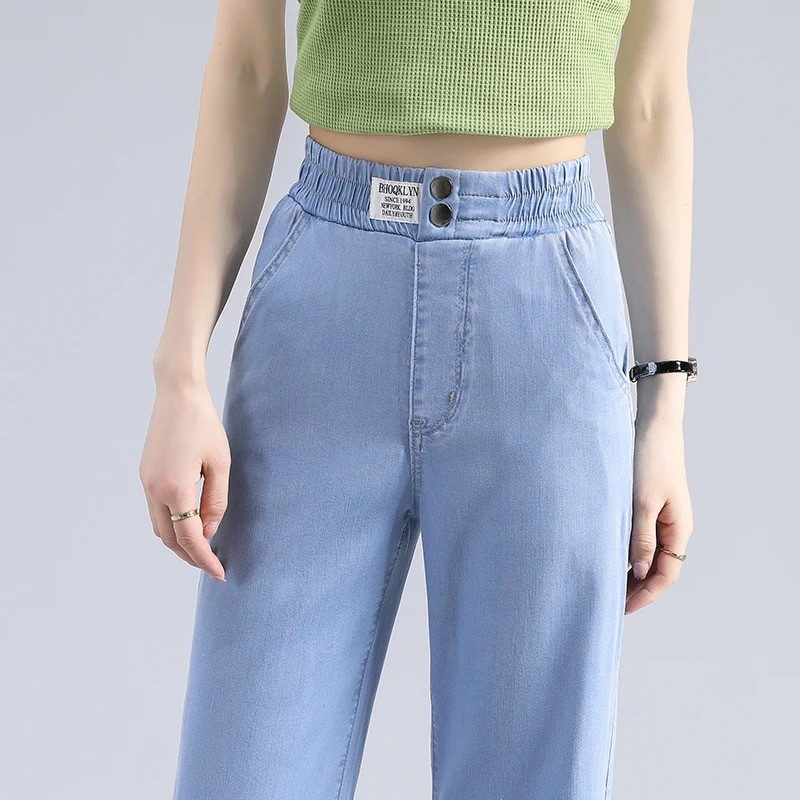 Ljetne mekane tkanine od liocela Ženske traperice visokog struka Tanke široke ravne Femme elastične hlače u struku Y2k Ležerne hlače Ulične hlače