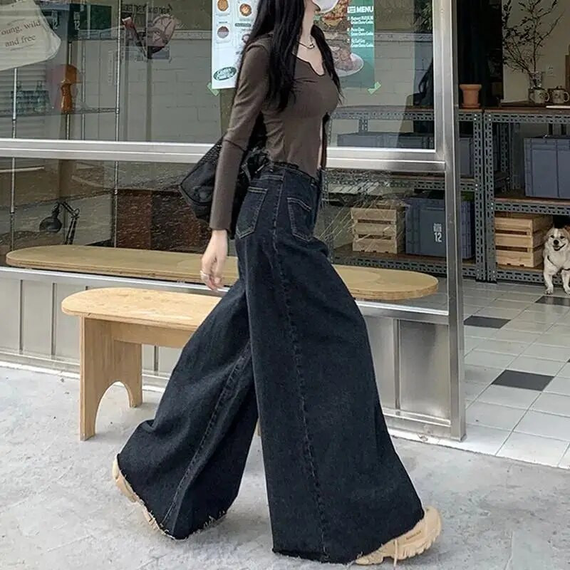 Crne široke traperice za žene 2023. Nova moda, vintage ulične hlače širokih nogavica, široke traperice visokog struka Y2k pune dužine