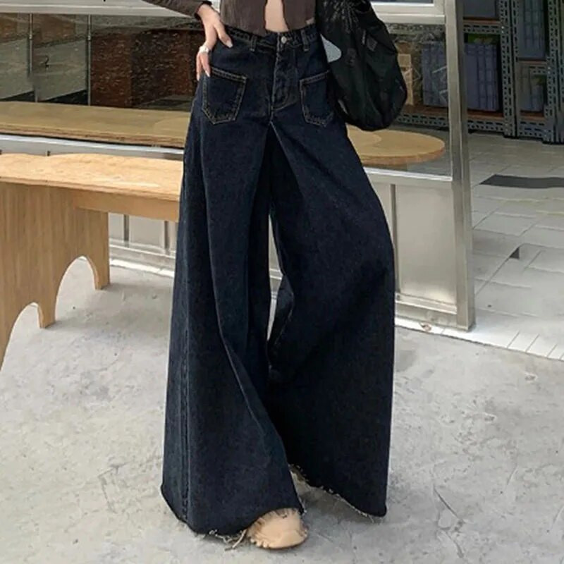 Crne široke traperice za žene 2023. Nova moda, vintage ulične hlače širokih nogavica, široke traperice visokog struka Y2k pune dužine