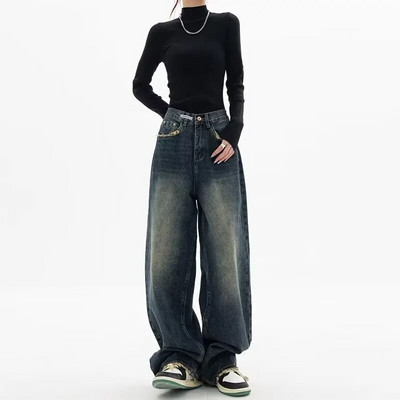 Ženske traperice visokog struka Harajuku Streetwear Retro moda Proljeće Jesen Opuštene široke nogavice Ravne široke traper hlače široke hlače