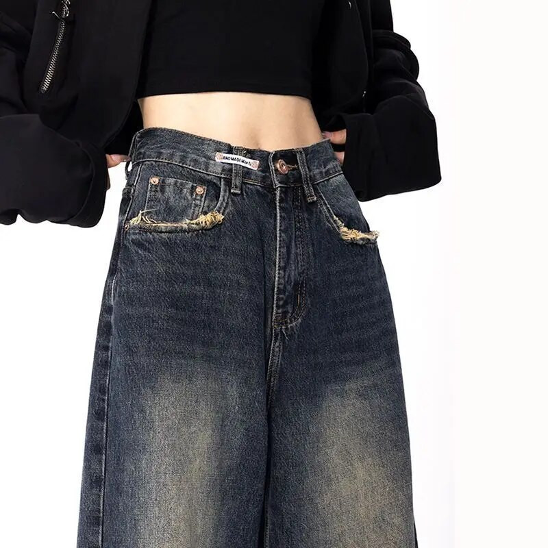 Ženske traperice visokog struka Harajuku Streetwear Retro moda Proljeće Jesen Opuštene široke nogavice Ravne široke traper hlače široke hlače