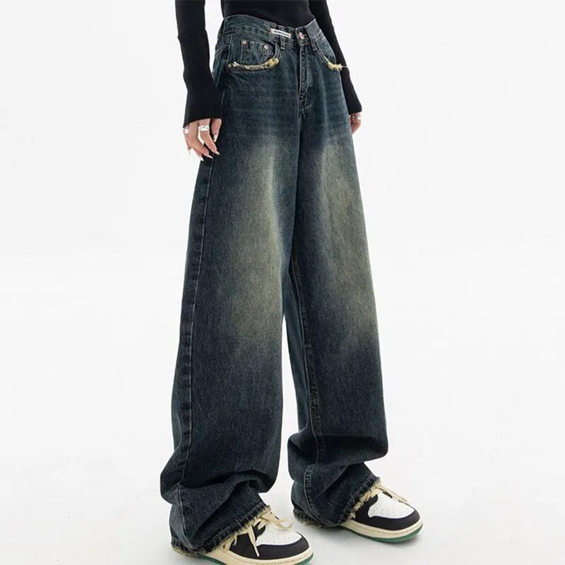 Ženske traperice visokog struka Harajuku Streetwear Retro moda Proljeće Jesen Opuštene široke nogavice Ravne široke traper hlače široke hlače