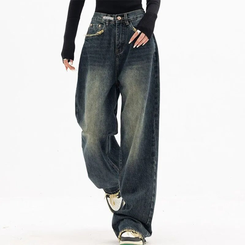 Ženske traperice visokog struka Harajuku Streetwear Retro moda Proljeće Jesen Opuštene široke nogavice Ravne široke traper hlače široke hlače