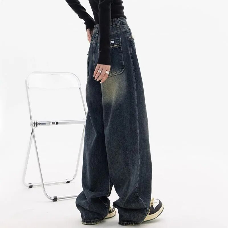 Ženske traperice visokog struka Harajuku Streetwear Retro moda Proljeće Jesen Opuštene široke nogavice Ravne široke traper hlače široke hlače