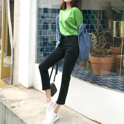 Μασίφ μαύρο γυναικείο τζιν ψηλόμεσο τέντωμα βαμβακερές τσέπες με λεπτή εφαρμογή Streetwear Boyfriend Jeans Fit Girls Παντελόνια Νέο παντελόνι 2023