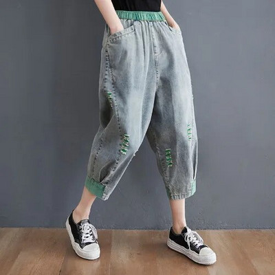 Max LuLu 2021 nyár új utcai stílus női szakadt bő hárem nadrág Női kontraszt színű elasztikus farmer Női farmer nadrág