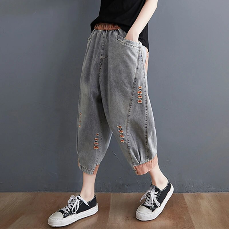 Max LuLu 2021 nyár új utcai stílus női szakadt bő hárem nadrág Női kontraszt színű elasztikus farmer Női farmer nadrág