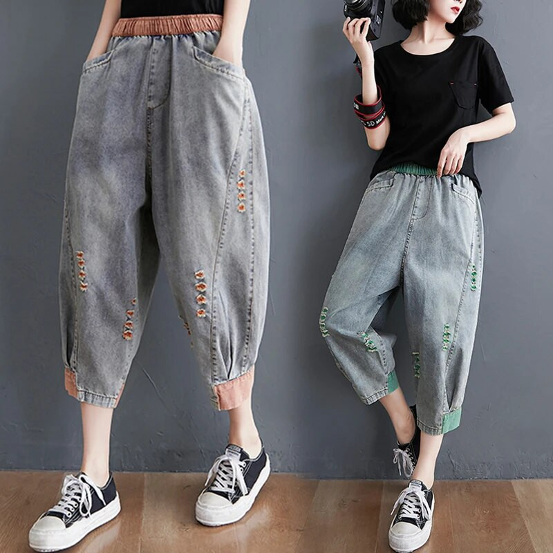 Max LuLu 2021 nyár új utcai stílus női szakadt bő hárem nadrág Női kontraszt színű elasztikus farmer Női farmer nadrág