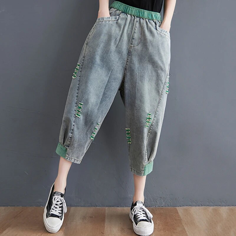 Max LuLu 2021 nyár új utcai stílus női szakadt bő hárem nadrág Női kontraszt színű elasztikus farmer Női farmer nadrág