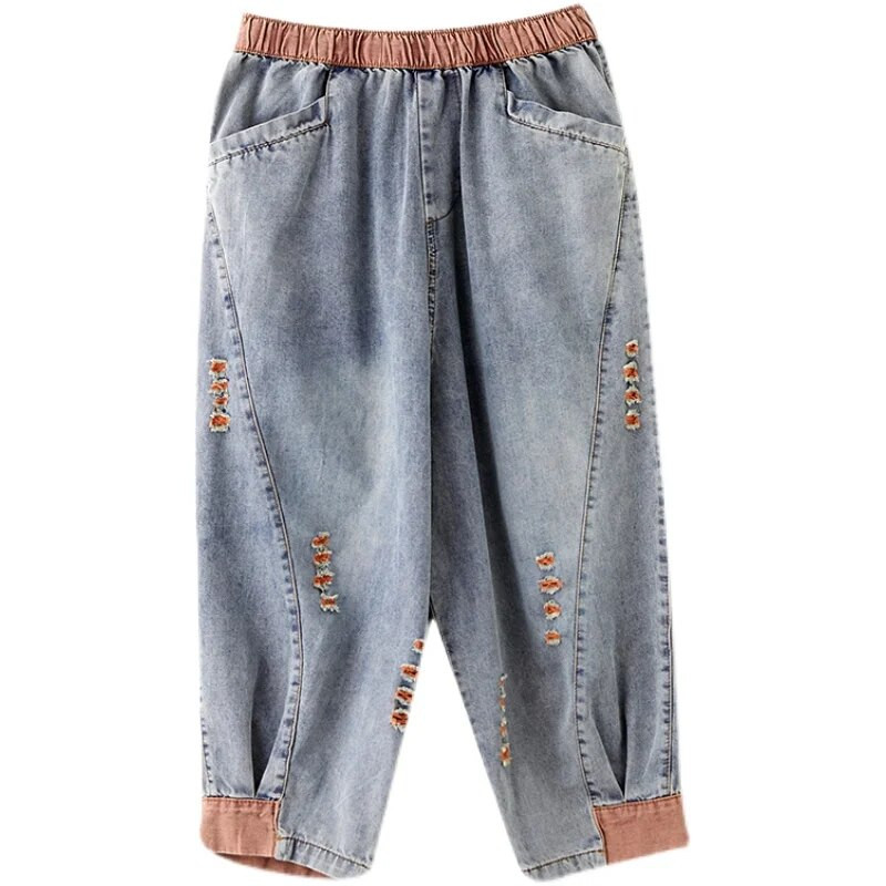 Max LuLu 2021 nyár új utcai stílus női szakadt bő hárem nadrág Női kontraszt színű elasztikus farmer Női farmer nadrág