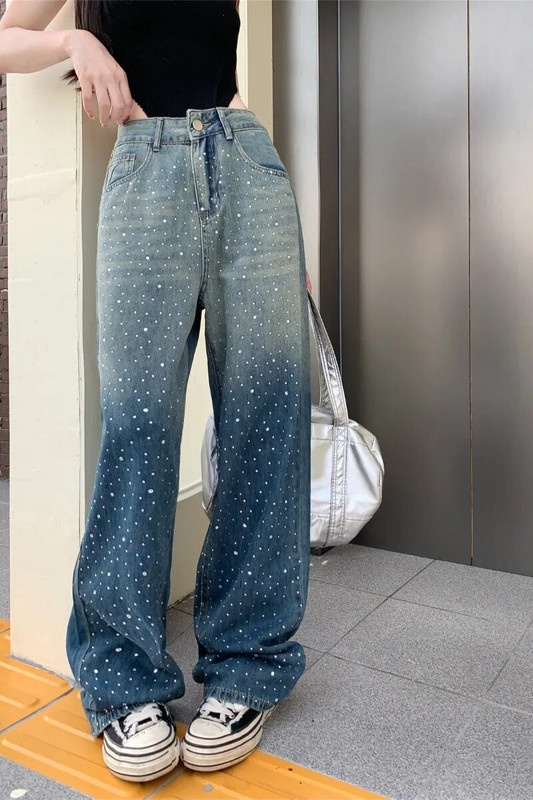 Hot Girl Diamond, talie înaltă, cu gradient, blugi cu picior drept, pantaloni versatili, retro, cu picioare largi, de vară, haine pentru femei la modă