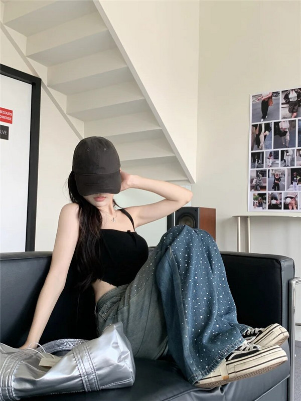 Hot Girl Diamond, talie înaltă, cu gradient, blugi cu picior drept, pantaloni versatili, retro, cu picioare largi, de vară, haine pentru femei la modă