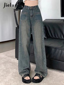 Jielur egyszerű téli laza egyenes farmer Vintage kék alkalmi magas derekú új alap divat női utcai ruházat elegáns női farmer