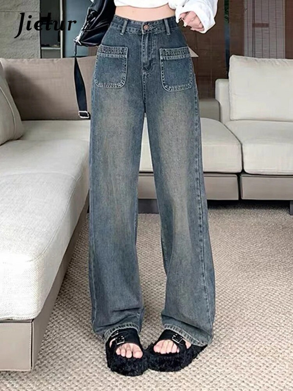 Jielur egyszerű téli laza egyenes farmer Vintage kék alkalmi magas derekú új alap divat női utcai ruházat elegáns női farmer