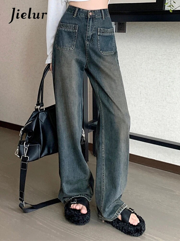 Jielur egyszerű téli laza egyenes farmer Vintage kék alkalmi magas derekú új alap divat női utcai ruházat elegáns női farmer