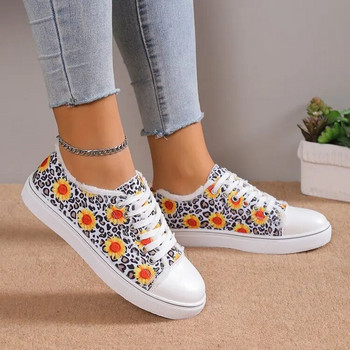 Plus Size 43 Γυναικεία Flat Παπούτσια 2024 New Sunflower Print Casual Lace Up Παπούτσια από καμβά Εξωτερικά Ευέλικτα Βουλκανιζέ παπούτσια για περπάτημα