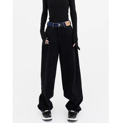 Blugi negri cu picioare drepte la modă Pantaloni largi, subțiri, cu talie înaltă, cu picioare largi, retro, ocazional, draperie, pantaloni foarte lungi, cu ștergere.