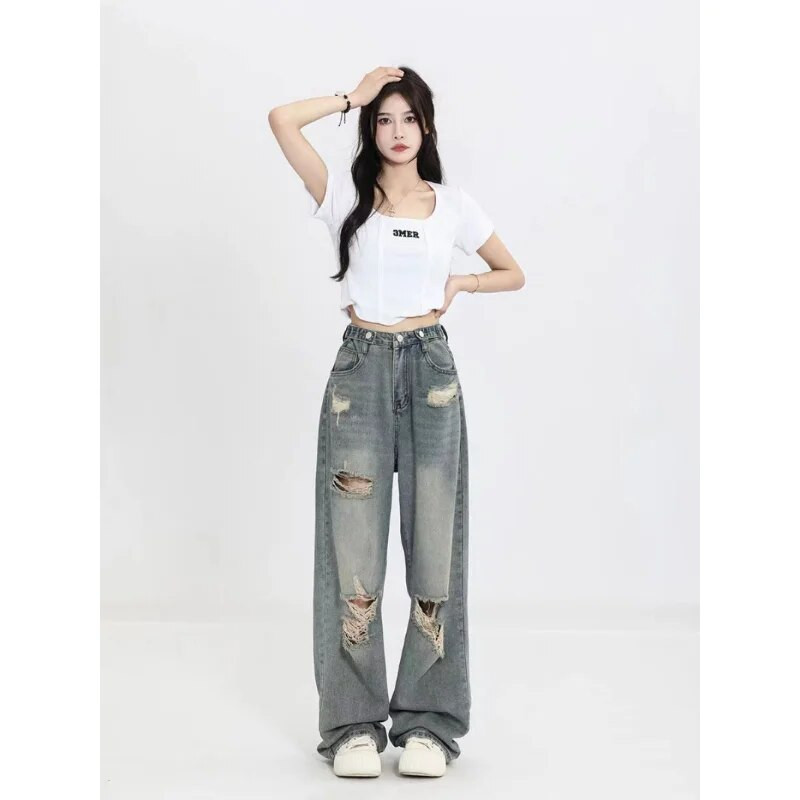 Denimpüksid Y2K Korea teksad kõrge vöökohaga naiste tänavariided Sinised ülisuured laiad püksid Grunge Hole naiste riided