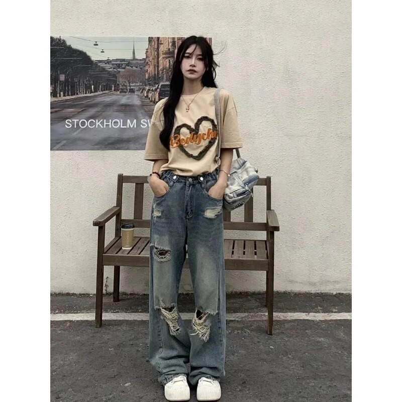 Denimpüksid Y2K Korea teksad kõrge vöökohaga naiste tänavariided Sinised ülisuured laiad püksid Grunge Hole naiste riided