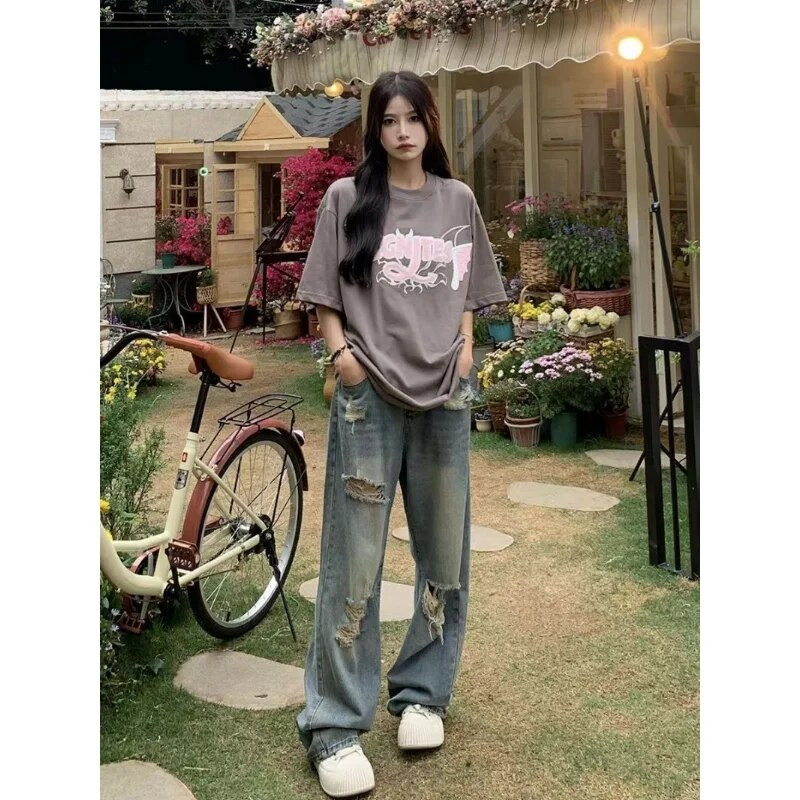 Denimpüksid Y2K Korea teksad kõrge vöökohaga naiste tänavariided Sinised ülisuured laiad püksid Grunge Hole naiste riided