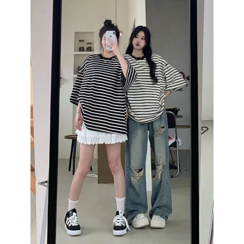 Denimpüksid Y2K Korea teksad kõrge vöökohaga naiste tänavariided Sinised ülisuured laiad püksid Grunge Hole naiste riided