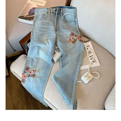Blugi cu flori brodați din industria grea europeană și americană, de vară, subțiri, în formă de pară, pantaloni largi de stradă, albaștri