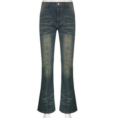 Y2K Tie Dye Flare Jeans Nit Grunge Punk Moda Pantaloni elastici cu talie joasă Femei Vintage Coreean Chic Blugi Estetici