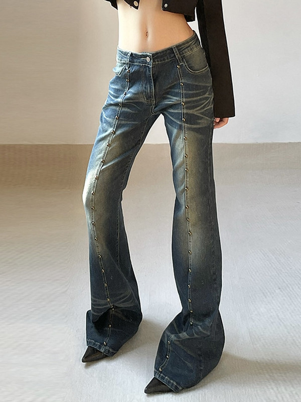 Y2K Tie Dye Flare Džinsai Rivet Grunge Punk Mados Tamprios kelnės žemu liemeniu Moteriški vintažiniai korėjietiški prašmatnūs džinsai estetiški