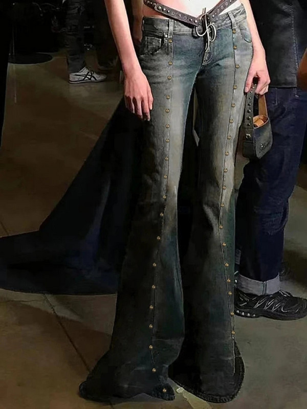 Y2K Tie Dye Flare Džinsai Rivet Grunge Punk Mados Tamprios kelnės žemu liemeniu Moteriški vintažiniai korėjietiški prašmatnūs džinsai estetiški