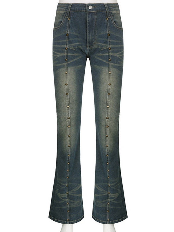 Y2K Tie Dye Flare Džinsai Rivet Grunge Punk Mados Tamprios kelnės žemu liemeniu Moteriški vintažiniai korėjietiški prašmatnūs džinsai estetiški