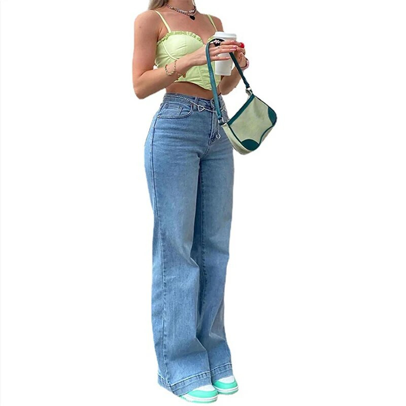 Europske i američke ženske traperice visokog struka Isprane plave traperice Temperamentne prigradske hlače Mom Denim Hlače širokih nogavica