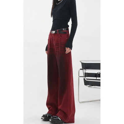 Blugi drepți roșii de epocă de modă Pantaloni casual cu talie înaltă în stil de stradă Pantaloni largi Y2K din denim pentru femei coreene cu picioare late