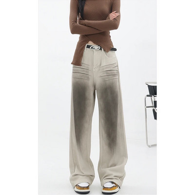 Blugi drepți roșii de epocă de modă Pantaloni casual cu talie înaltă în stil de stradă Pantaloni largi Y2K din denim pentru femei coreene cu picioare late