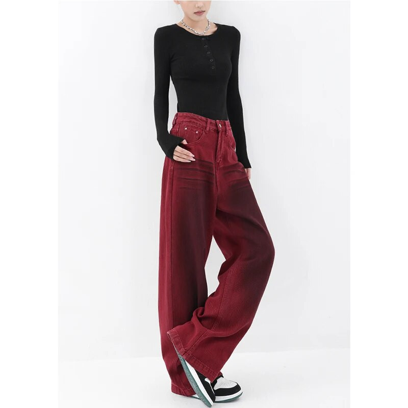 Madingi vintažiniai raudoni tiesūs džinsai Laisvalaikio aukšto juosmens aukšto gatvės stiliaus kelnės korėjietiškos moteriškos plačios kojos, kuprinės Y2K džinsinės kelnės