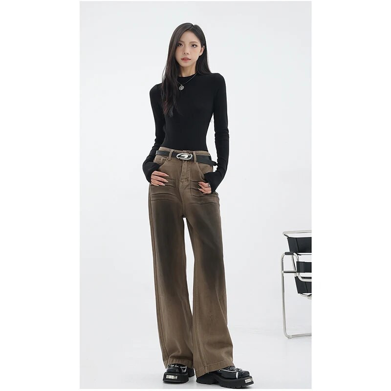 Madingi vintažiniai raudoni tiesūs džinsai Laisvalaikio aukšto juosmens aukšto gatvės stiliaus kelnės korėjietiškos moteriškos plačios kojos, kuprinės Y2K džinsinės kelnės