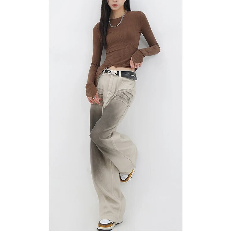 Madingi vintažiniai raudoni tiesūs džinsai Laisvalaikio aukšto juosmens aukšto gatvės stiliaus kelnės korėjietiškos moteriškos plačios kojos, kuprinės Y2K džinsinės kelnės