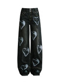 Noua blugi casual Gyaru Femei Pantaloni negri cu picioare late Imprimare inimă Romantici cu talie înaltă Pantaloni din denim din bumbac Baggy Streetwear Gotic