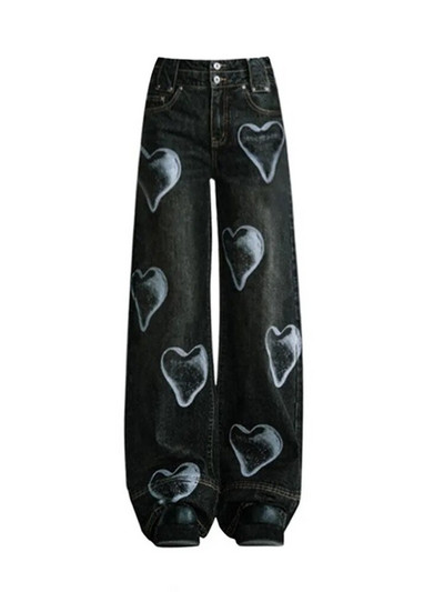Noua blugi casual Gyaru Femei Pantaloni negri cu picioare late Imprimare inimă Romantici cu talie înaltă Pantaloni din denim din bumbac Baggy Streetwear Gotic