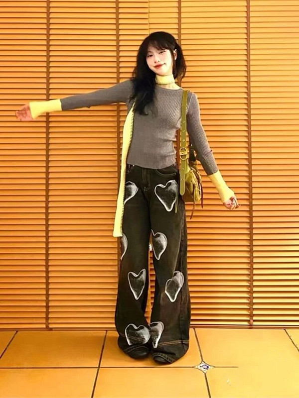 Nauji laisvalaikio džinsai Gyaru Moteris juodos plačios kelnės su širdimi Romantiškos aukšto juosmens medvilninės džinsinės kelnės Baggy Streetwear Gothic
